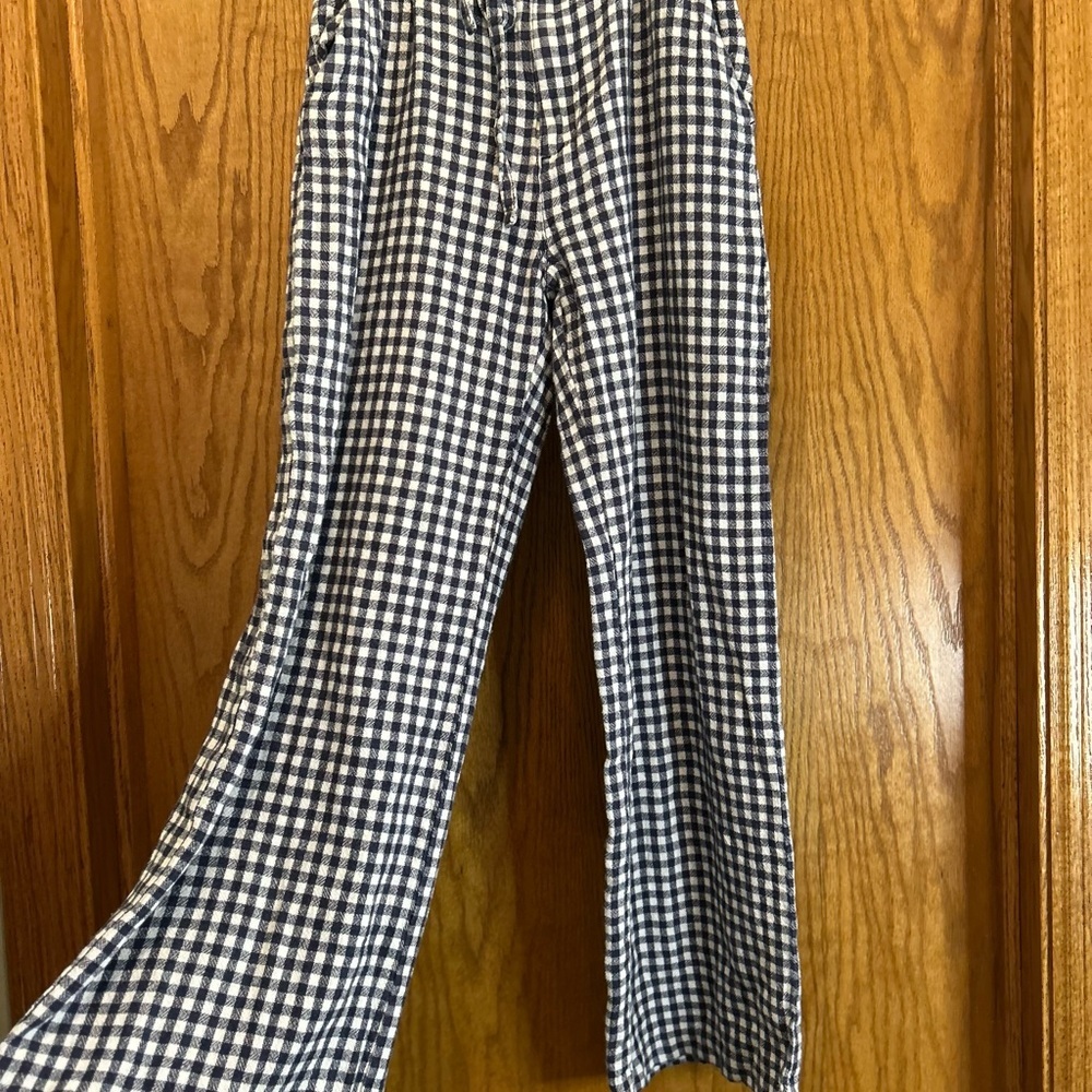 Abercrombie & Fitch Women’s XS Black White Gingham Linen Blend Wide Leg - Picture 2 of 15